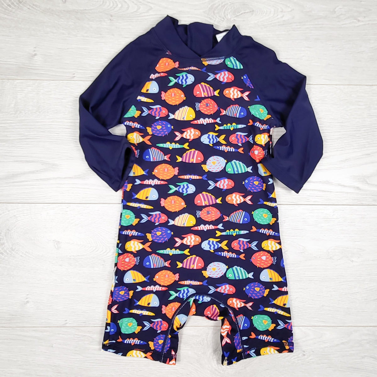Up and Fast navy fish print one piece rash guard. Size 18-24 months