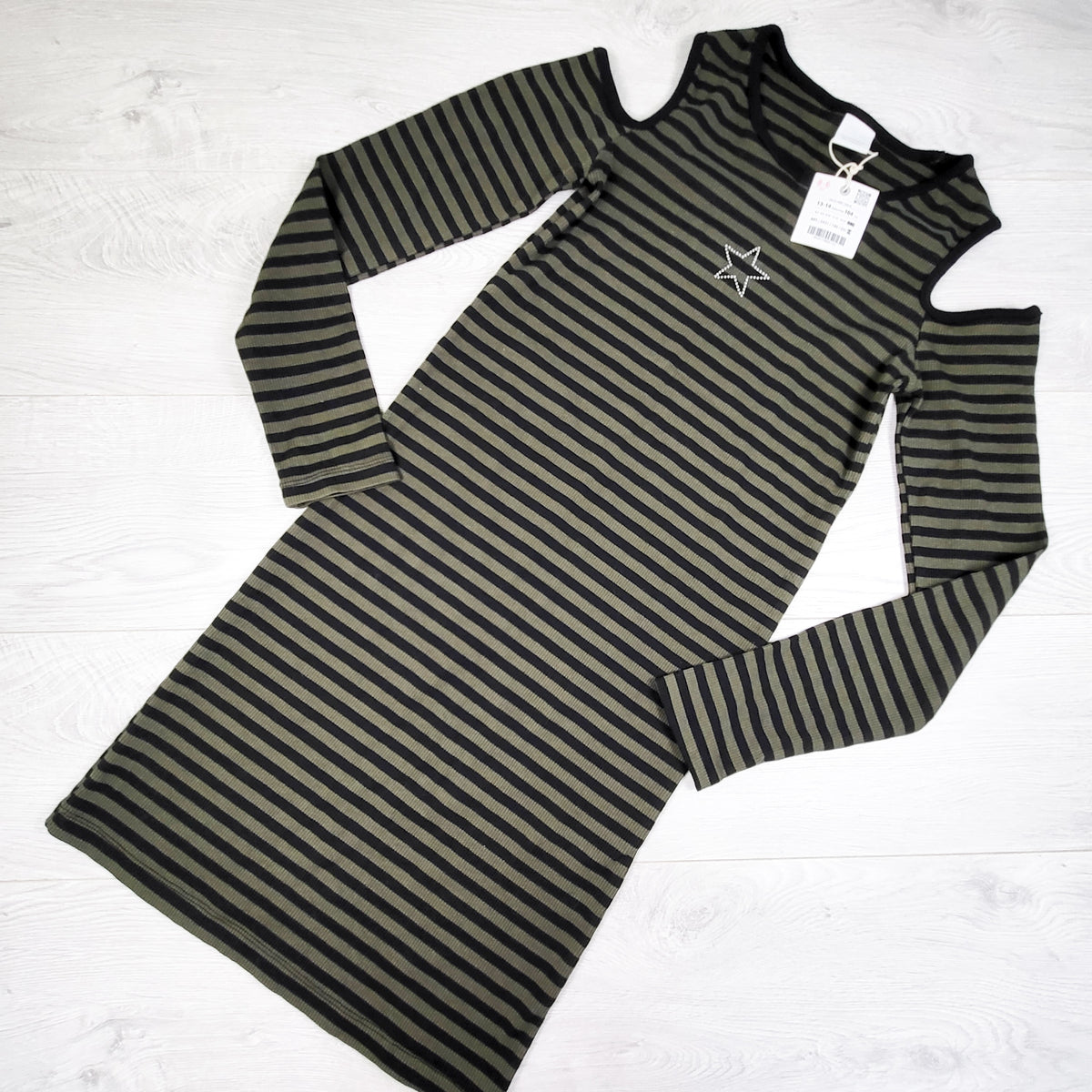 NEW - Zara green striped ribbed cold shoulder dress. Size 13/14