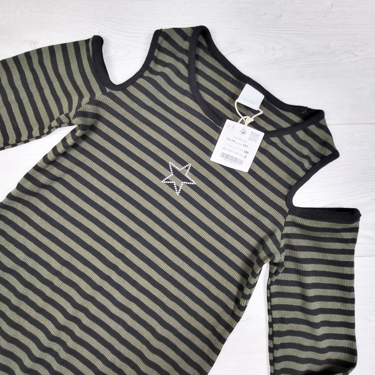 NEW - Zara green striped ribbed cold shoulder dress. Size 13/14