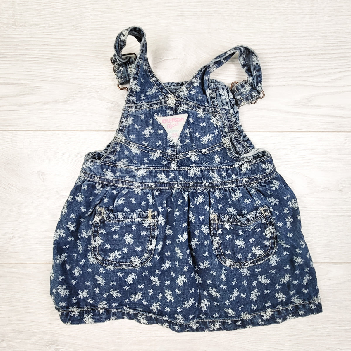 Oshkoh denim floral print overall dress. Size 24 months