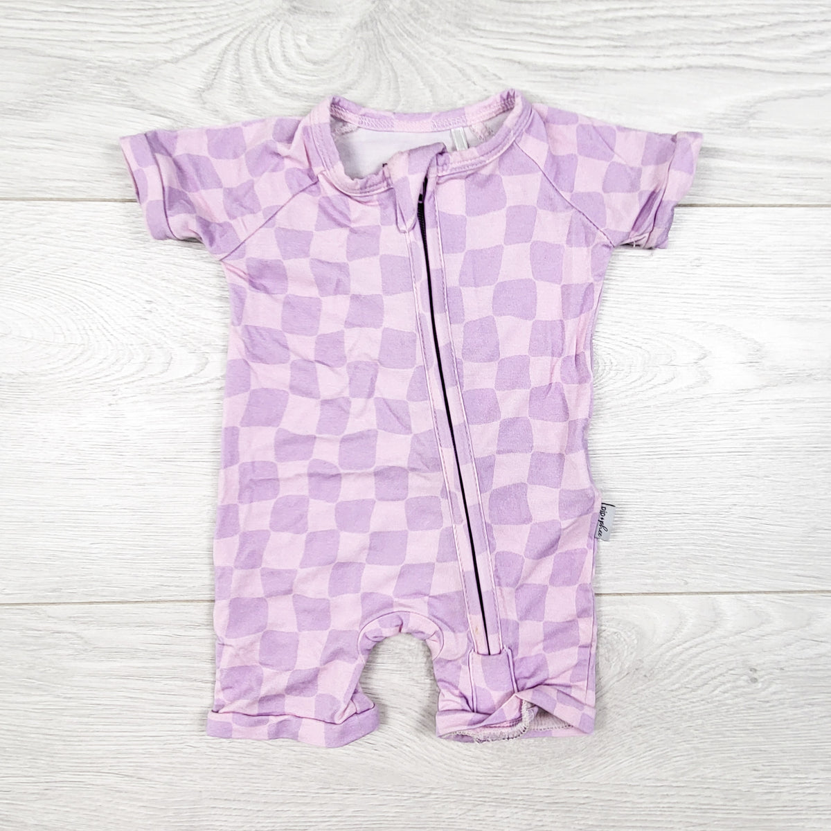 Pip and Phee purple checkerboard pattern bamboo romper. Newborn size