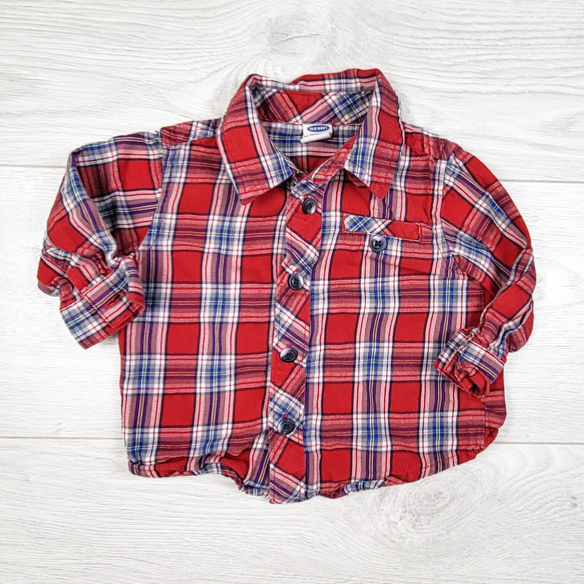 Old Navy red plaid button down shirt. Size 3-6 months