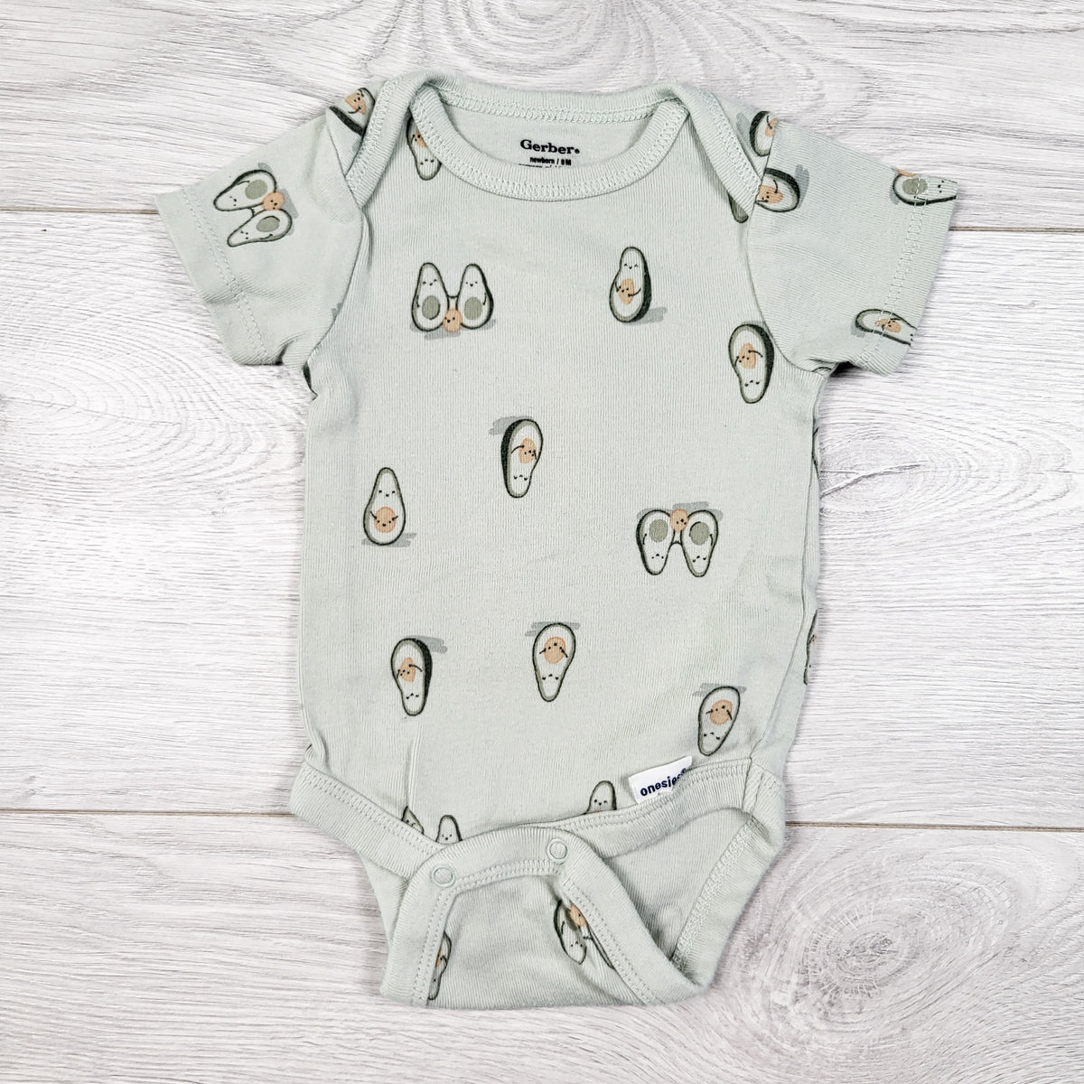 Gerber light green avocado print bodysuit. Newborn size