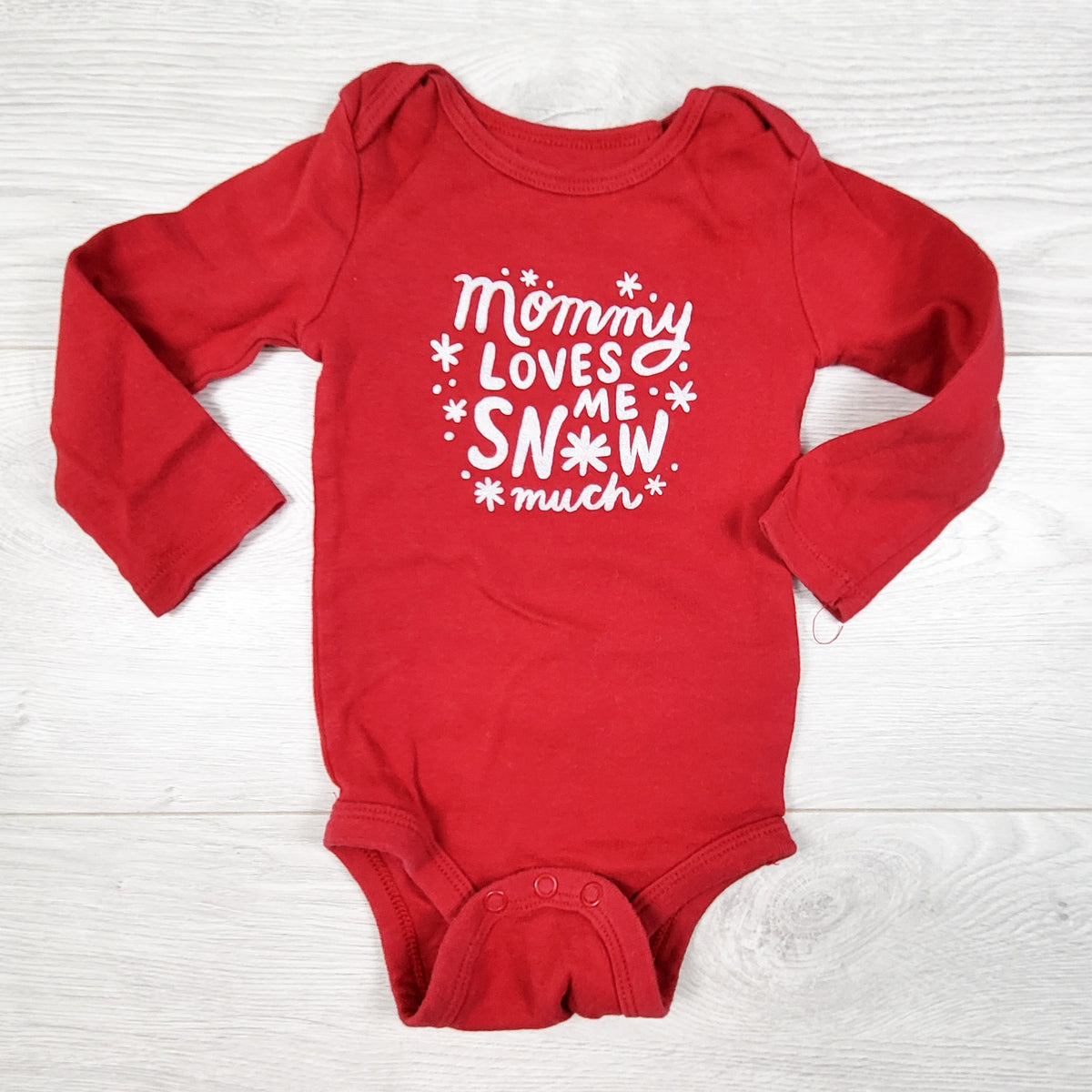 Joe red "Mommy Loves Me Snow Much" bodysuit with glitter. Size 6-12 months