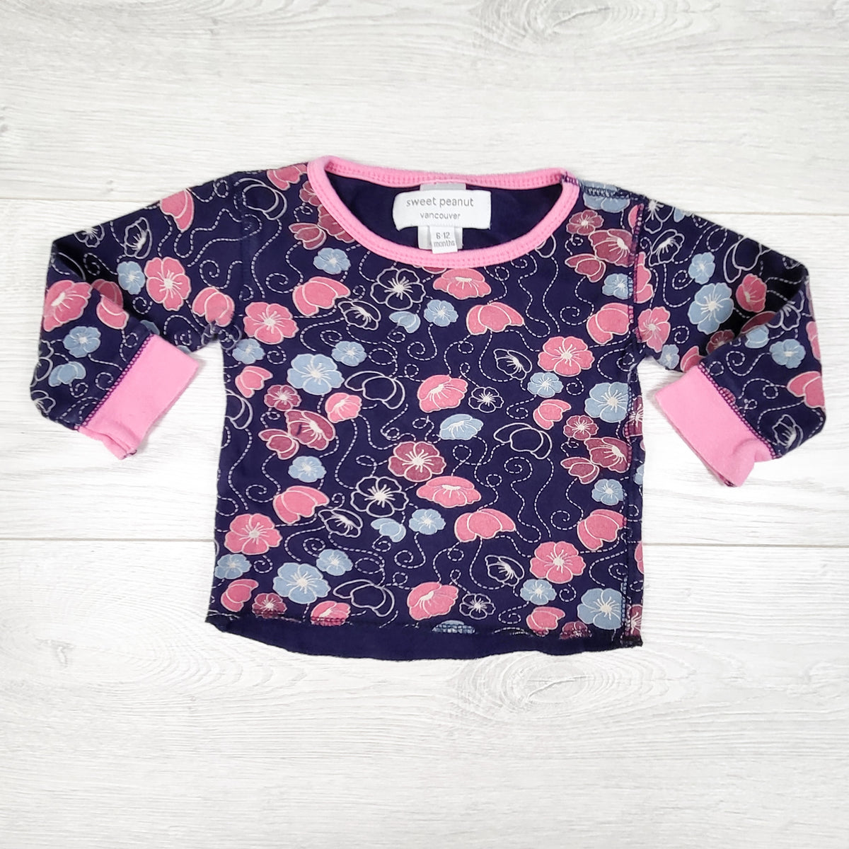 Sweet Peanut navy floral print organic cotton top. Size 6-12 months