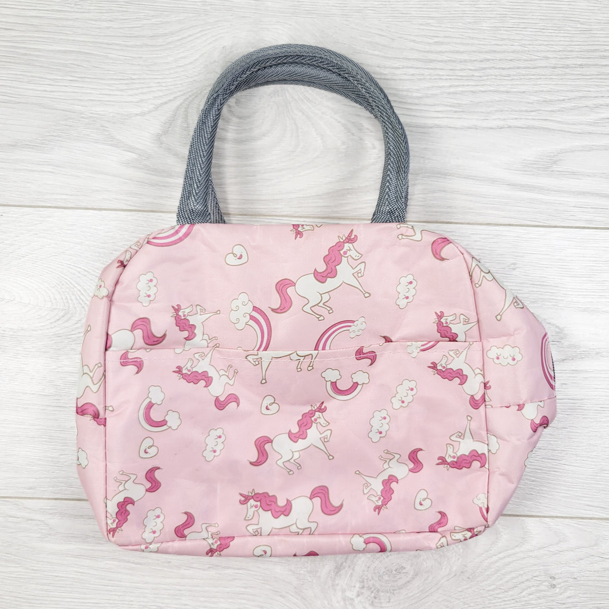 Pink insulated tote style unicorn print lunch bag