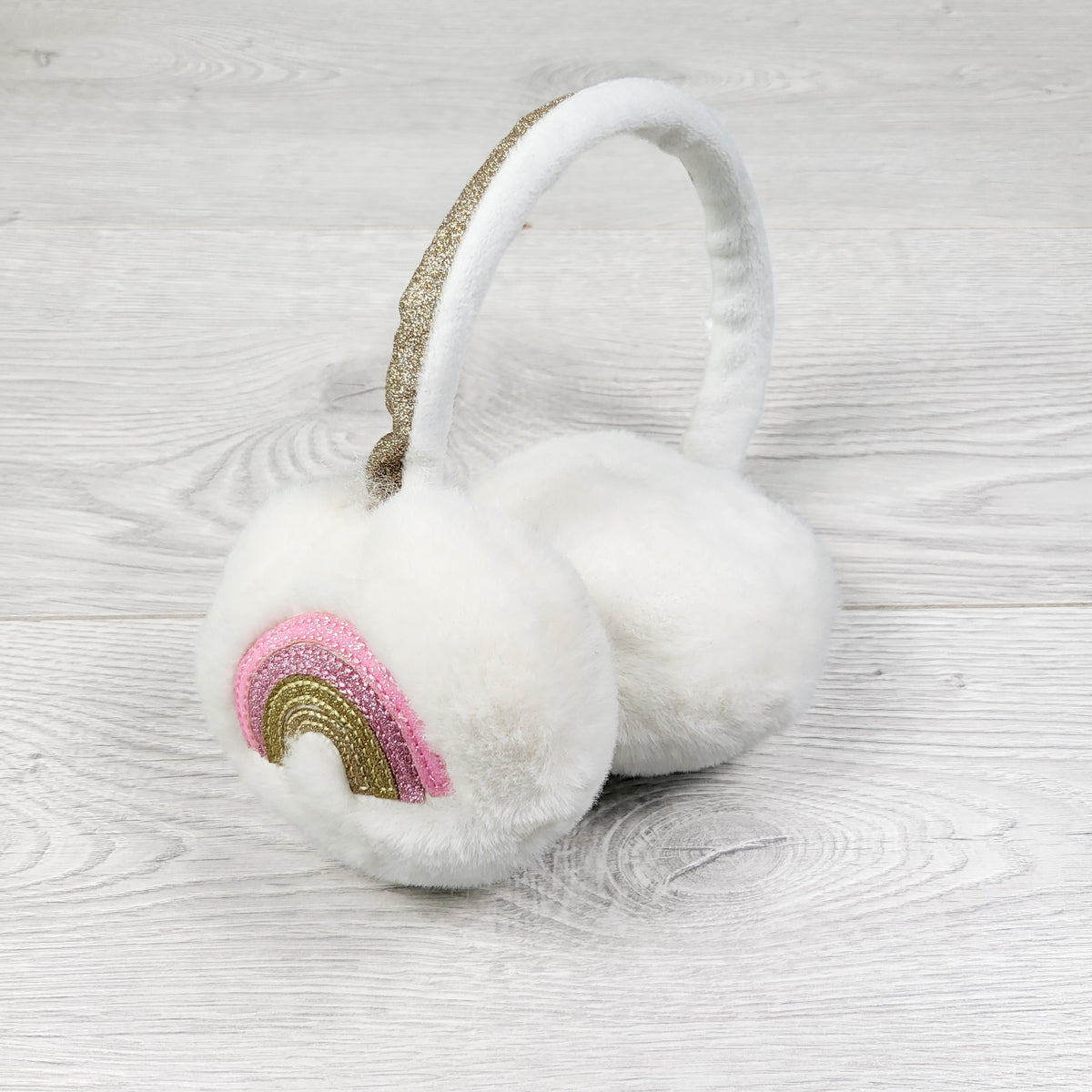 White plush glitter rainbow ear muffs