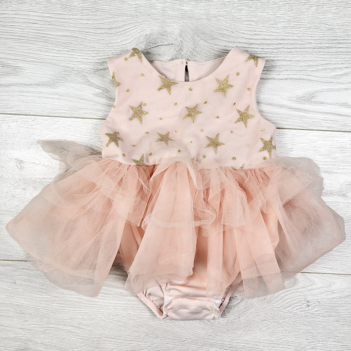 Pink tulle bodysuit dress with glitter stars. Size 9 months