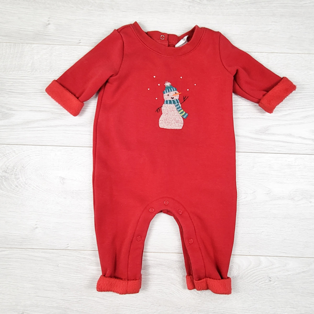 Gap red minky lined sweatshirt romper with snowman. Size 0-3 months