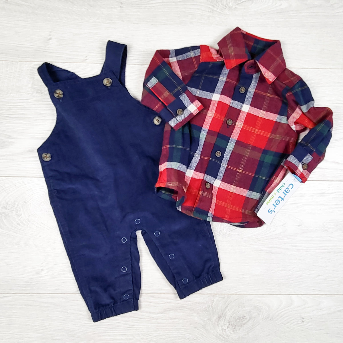 Child of Mine red and navy 2pc overall set. Newborn size