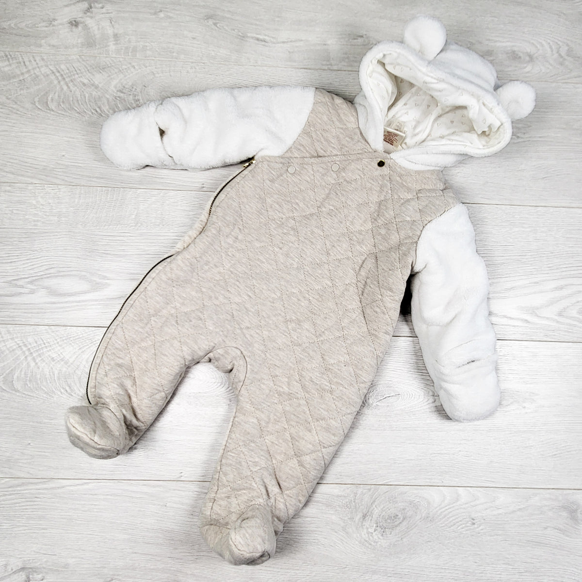 First Wish white and beige bunting suit. Size 6-9 months