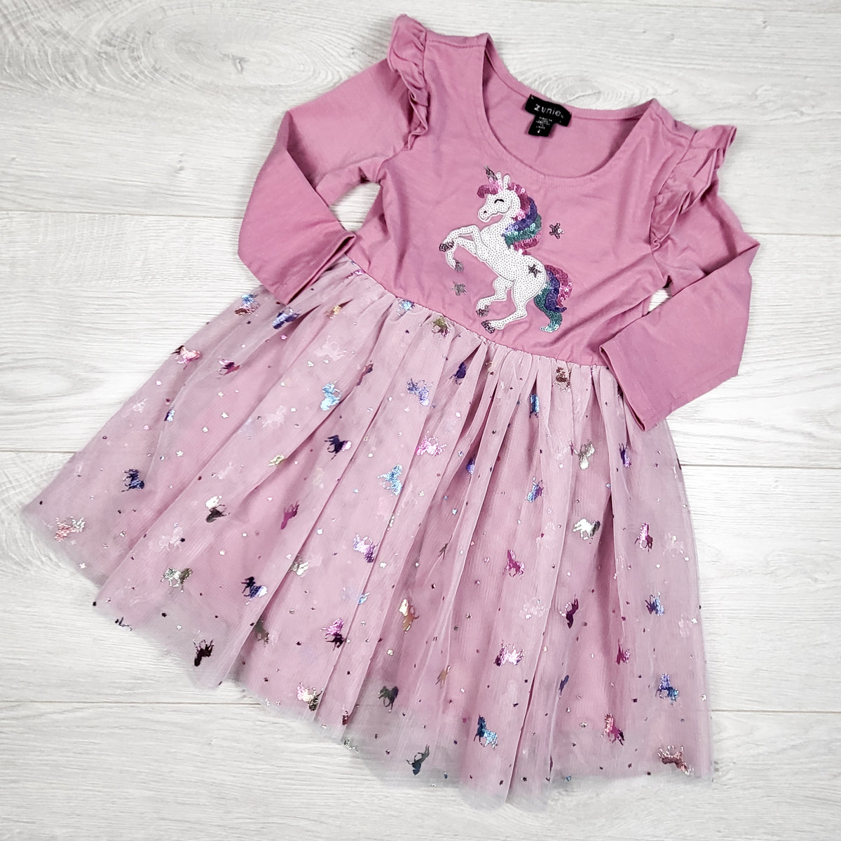Zunie pink unicorn dress with tulle skirting. Size 4T