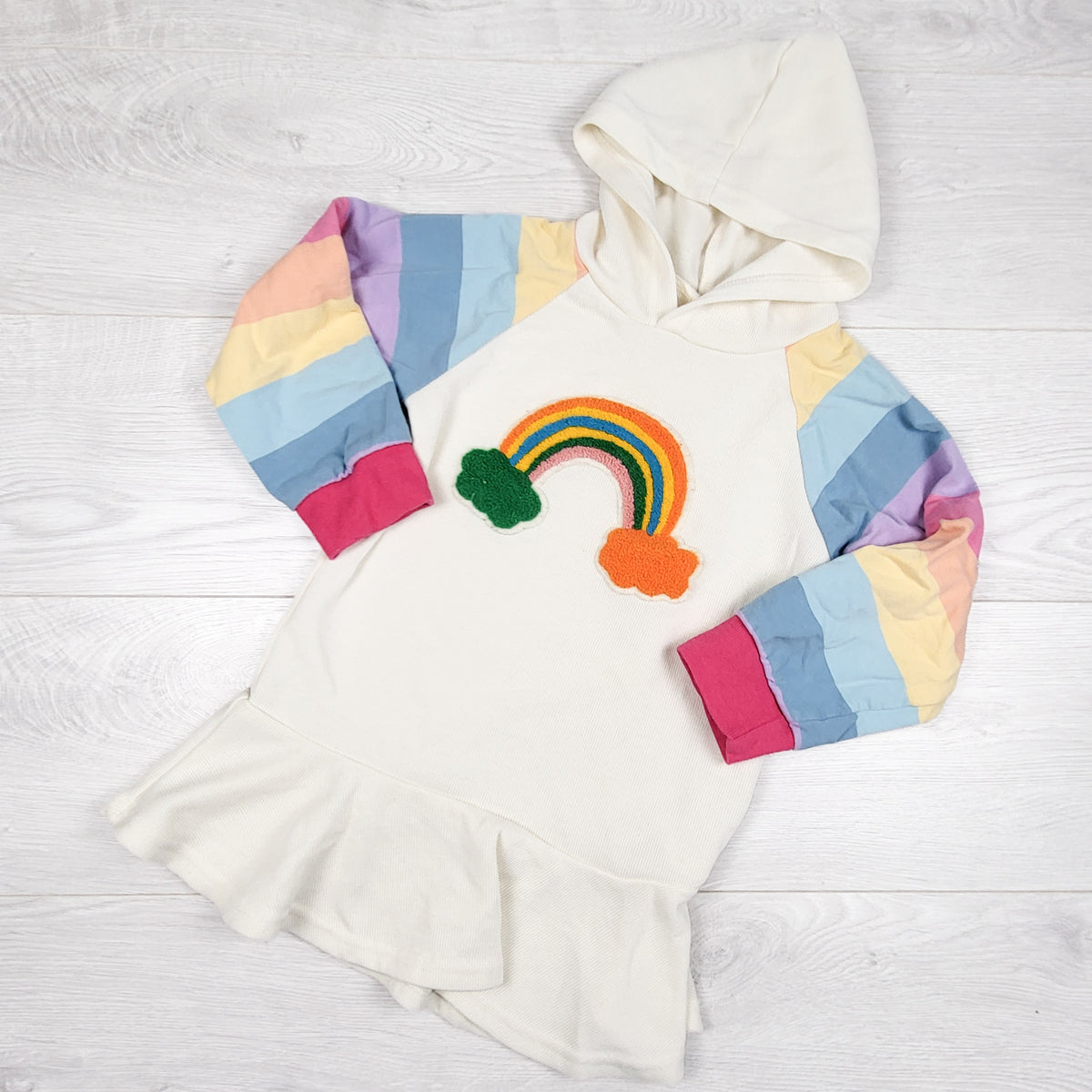 Bear Leader knit hooded dress with chenille rainbow. Size 5T