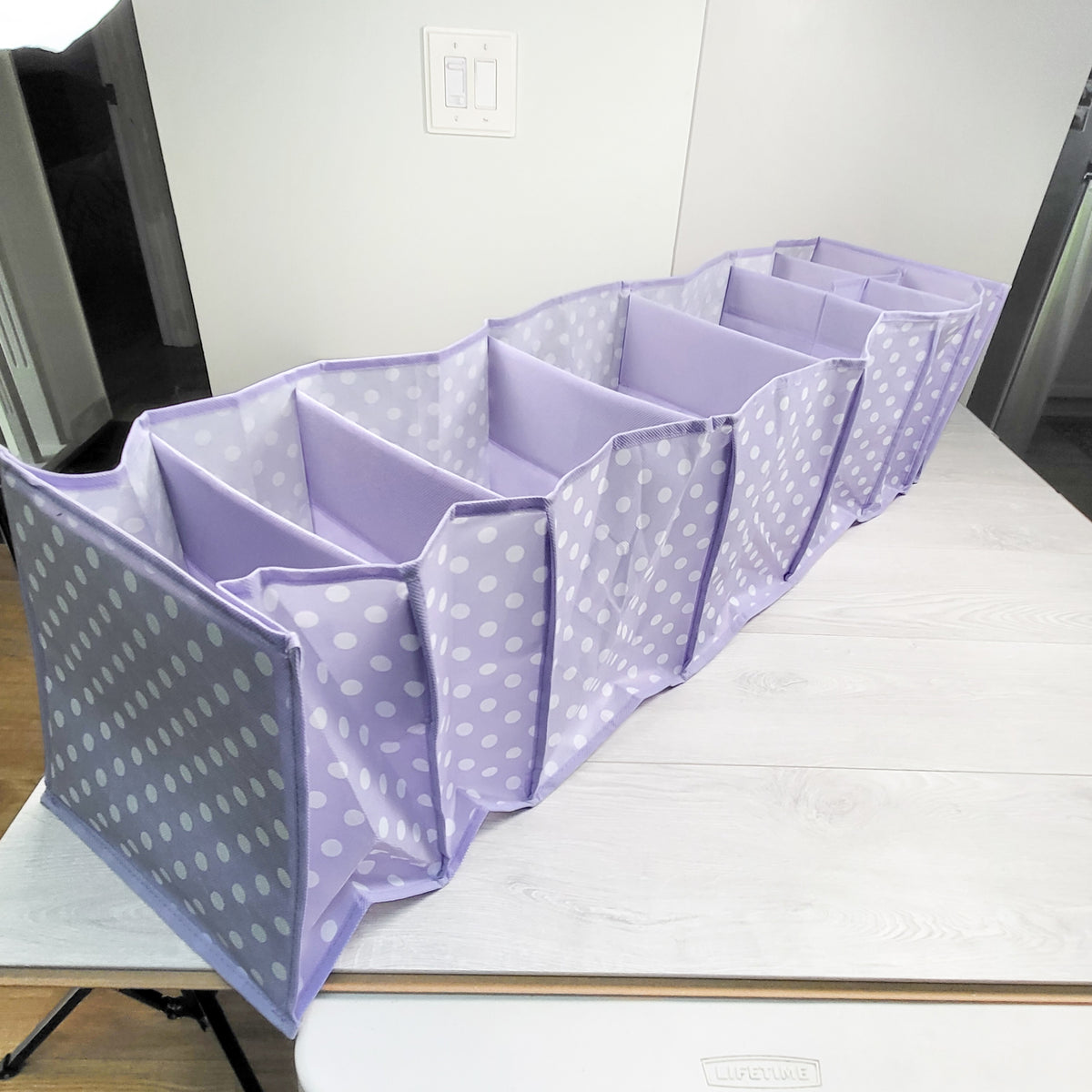 Purple polka dot hanging closet organizer