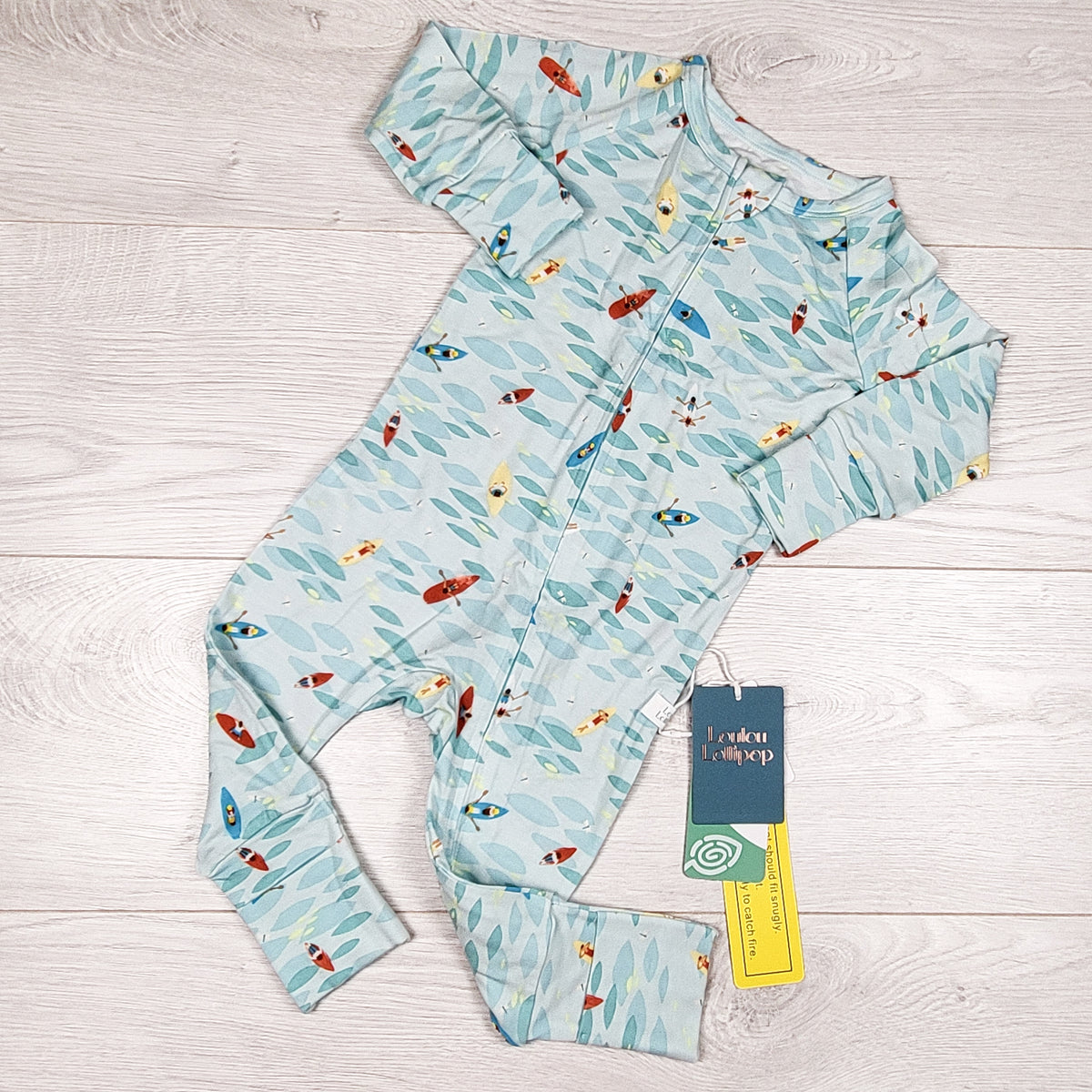 NEW - Loulou Lollipop blue Tencel sleeper with kayaks. Size 6-12 months