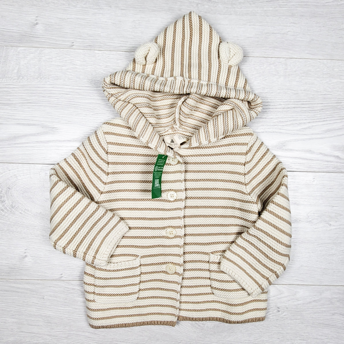 NEW - Gap beige and tan striped hooded cardigan sweater. Size 12-18 months