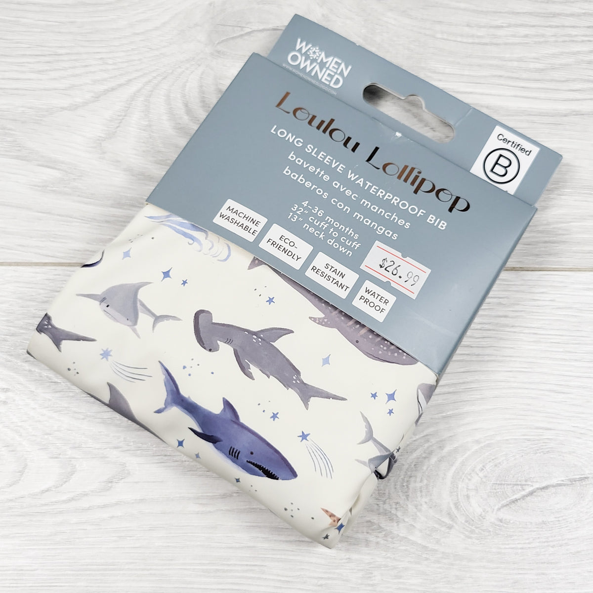 NEW - Loulou Lollipop "Smiley Sharks" long sleeve waterproof bib