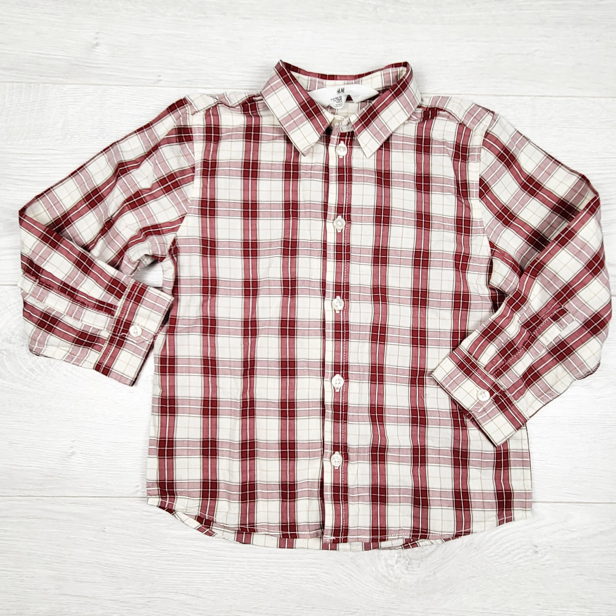 H and M red and white plaid button down shirt. Size 3/4T
