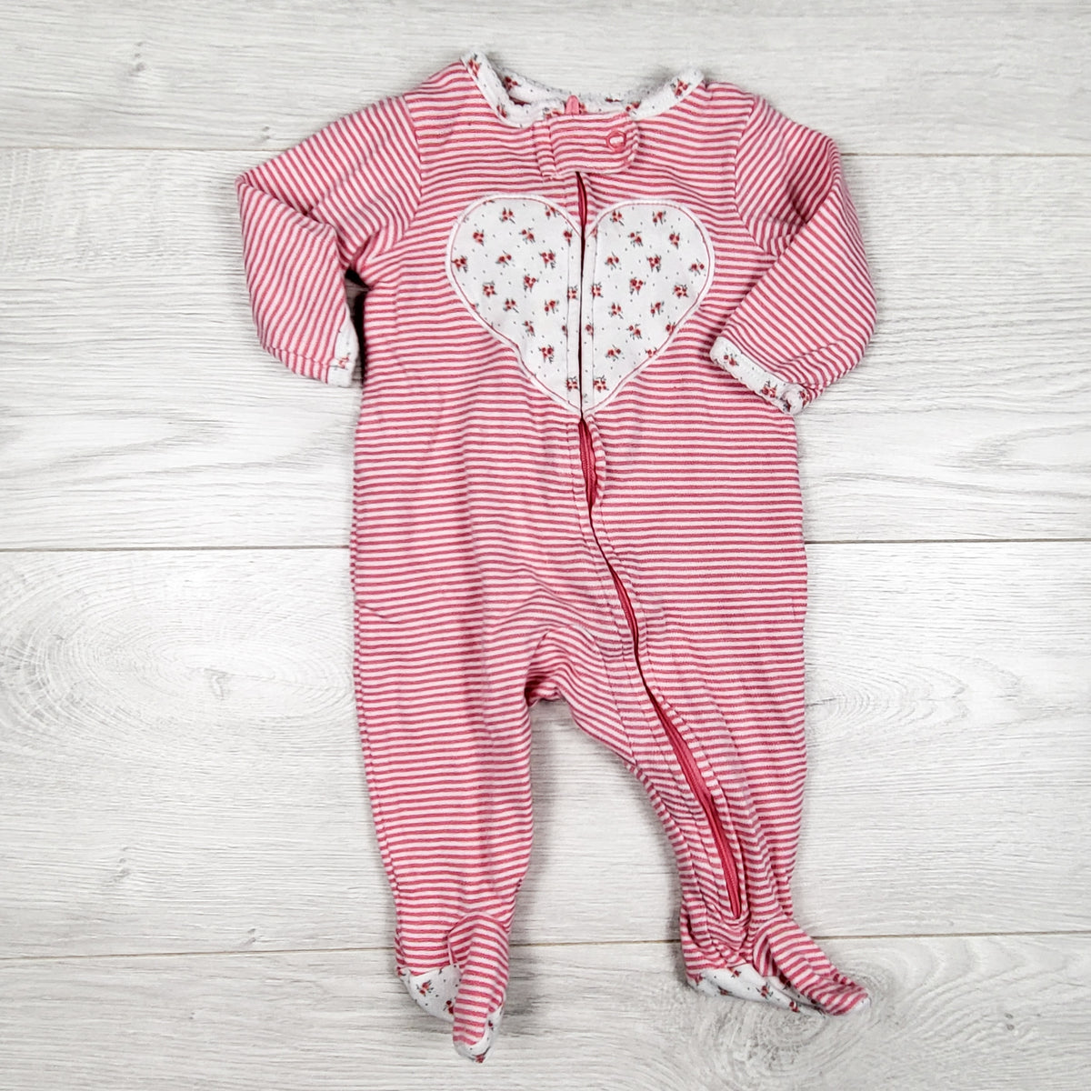 Carters pink striped zippered cotton sleeper with heart. Size 3 months