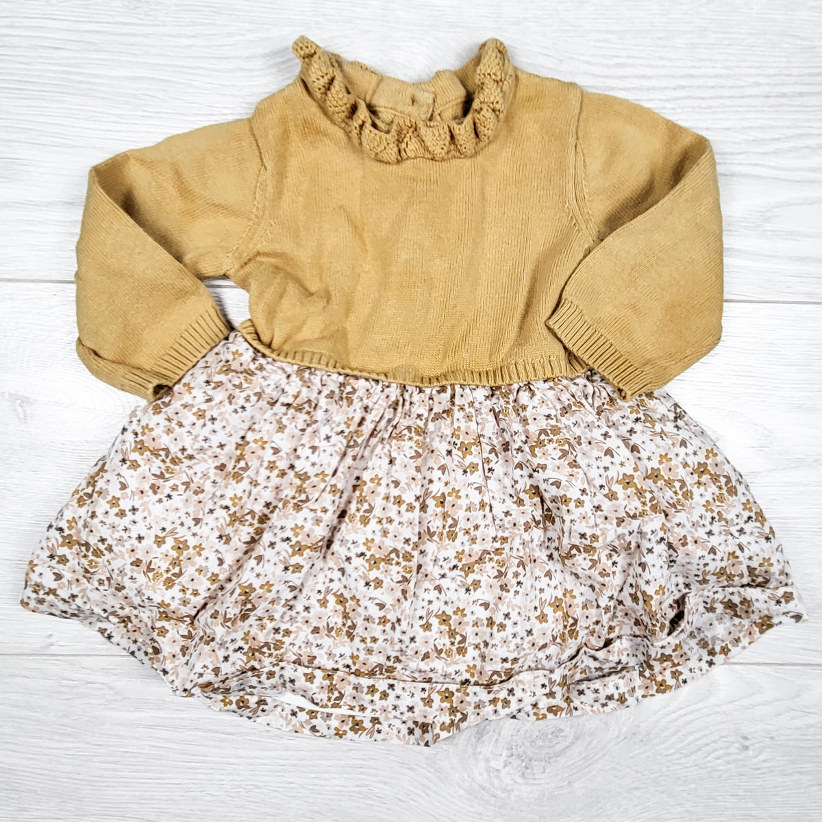 Tu yellow sweater dress with floral skirting. Size 0-3 months