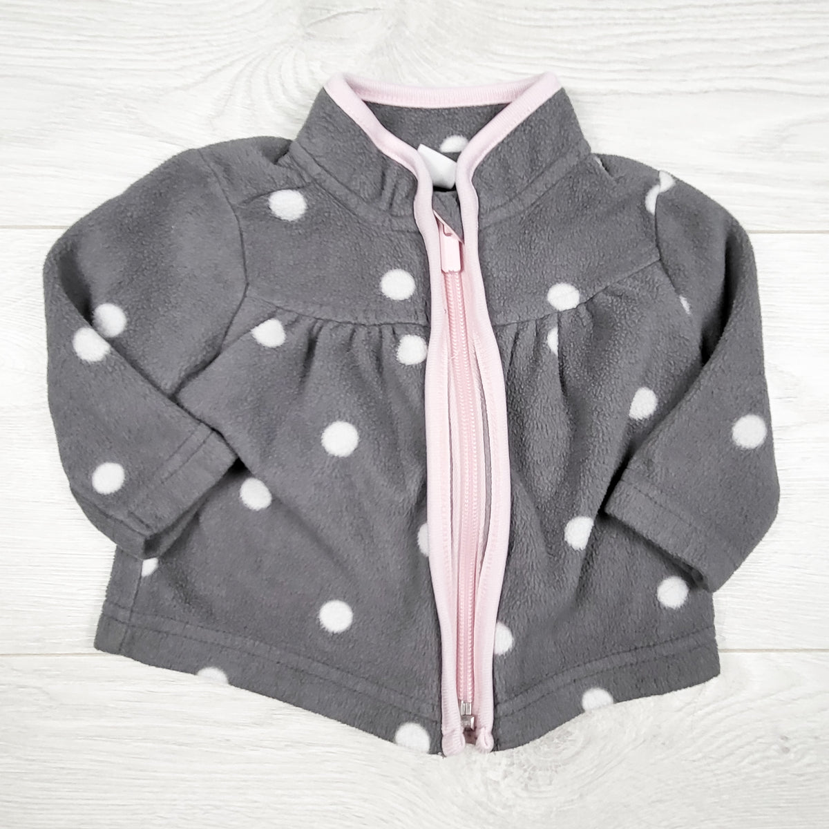Old Navy grey polka dot zippered fleece jacket. Size 0-3 months