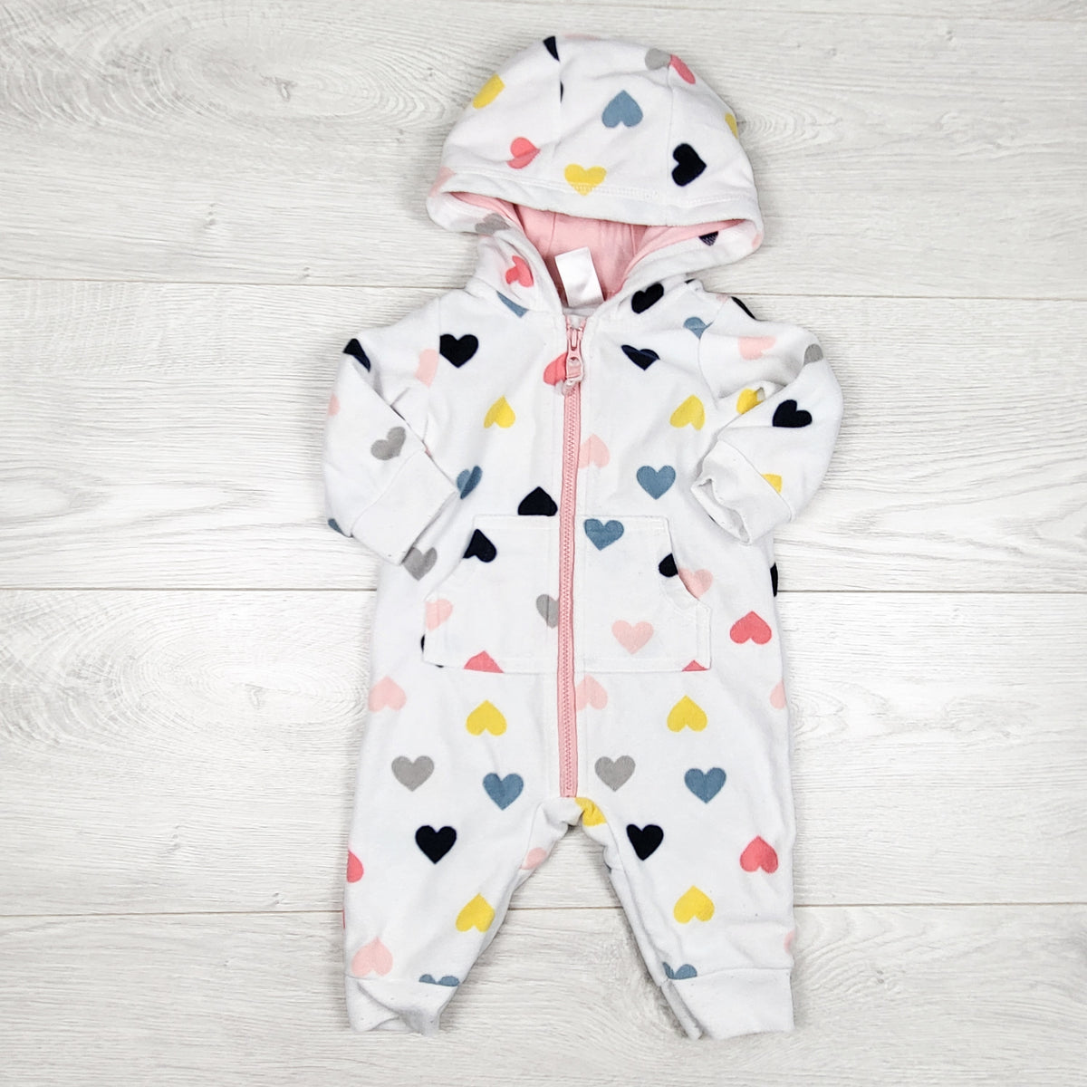 Carters white zippered fleece heart print hooded romper. Size 3 months