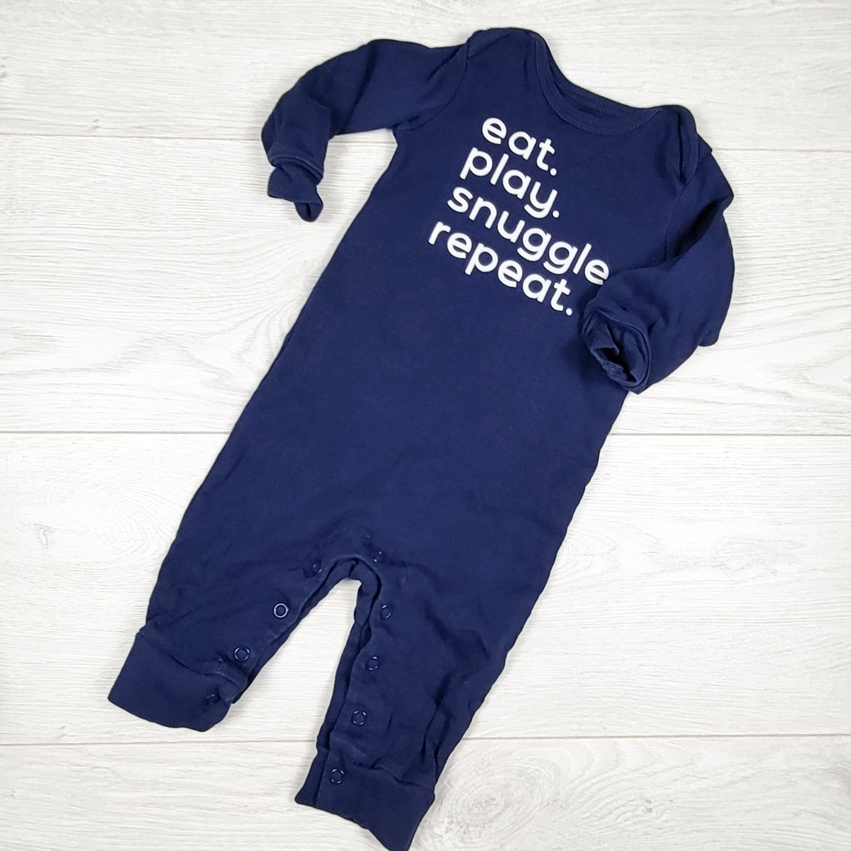 Carters navy "Eat, Play, Snuggle, Repeat" romper. Size 6 months