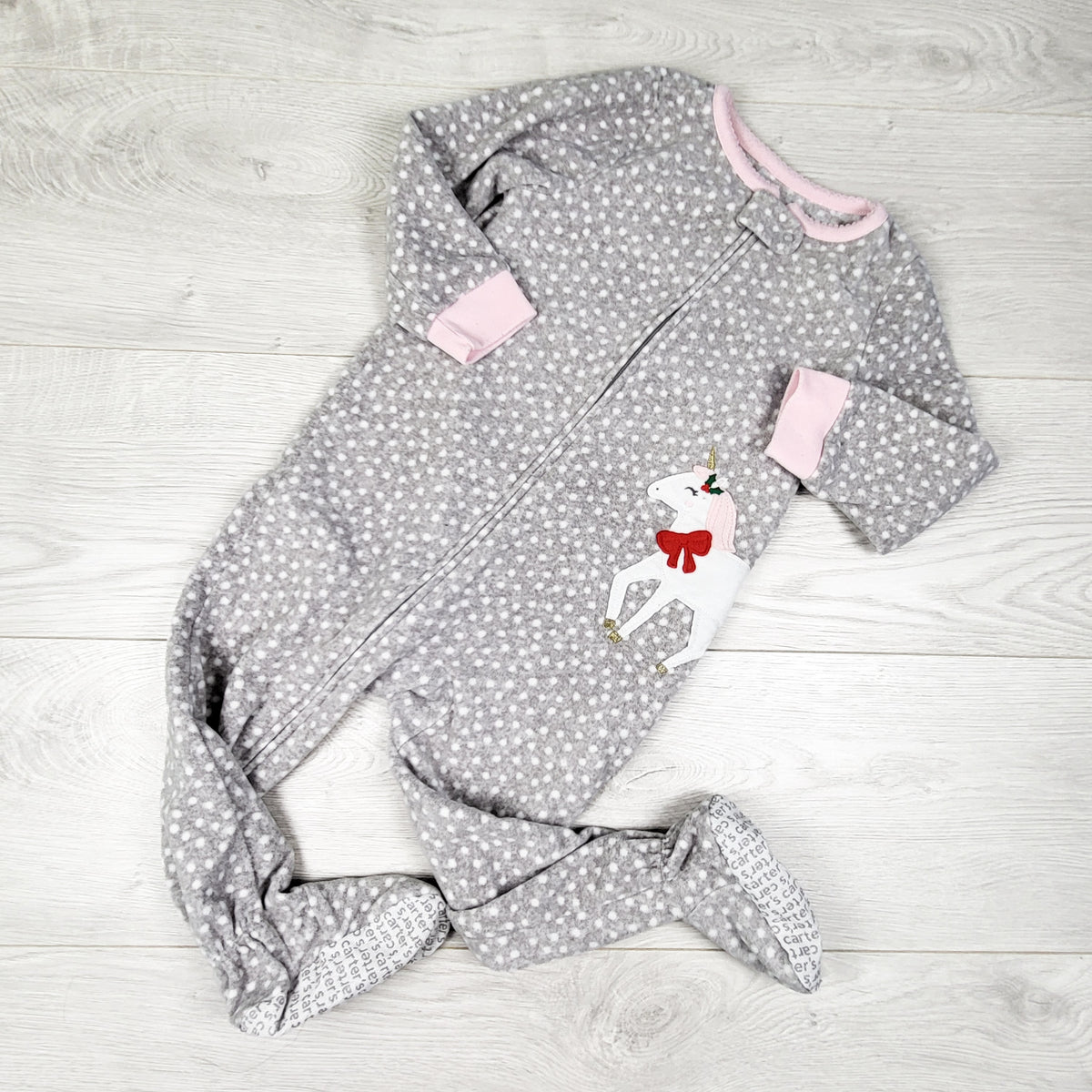 Carters grey polka dot zippered fleece sleeper with unicorn. Size 2T