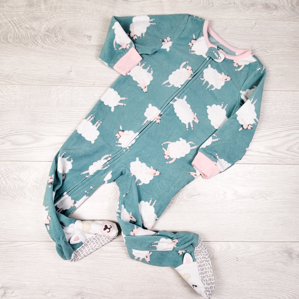 Carters teal zippered fleece sheep print sleeper. Size 2T