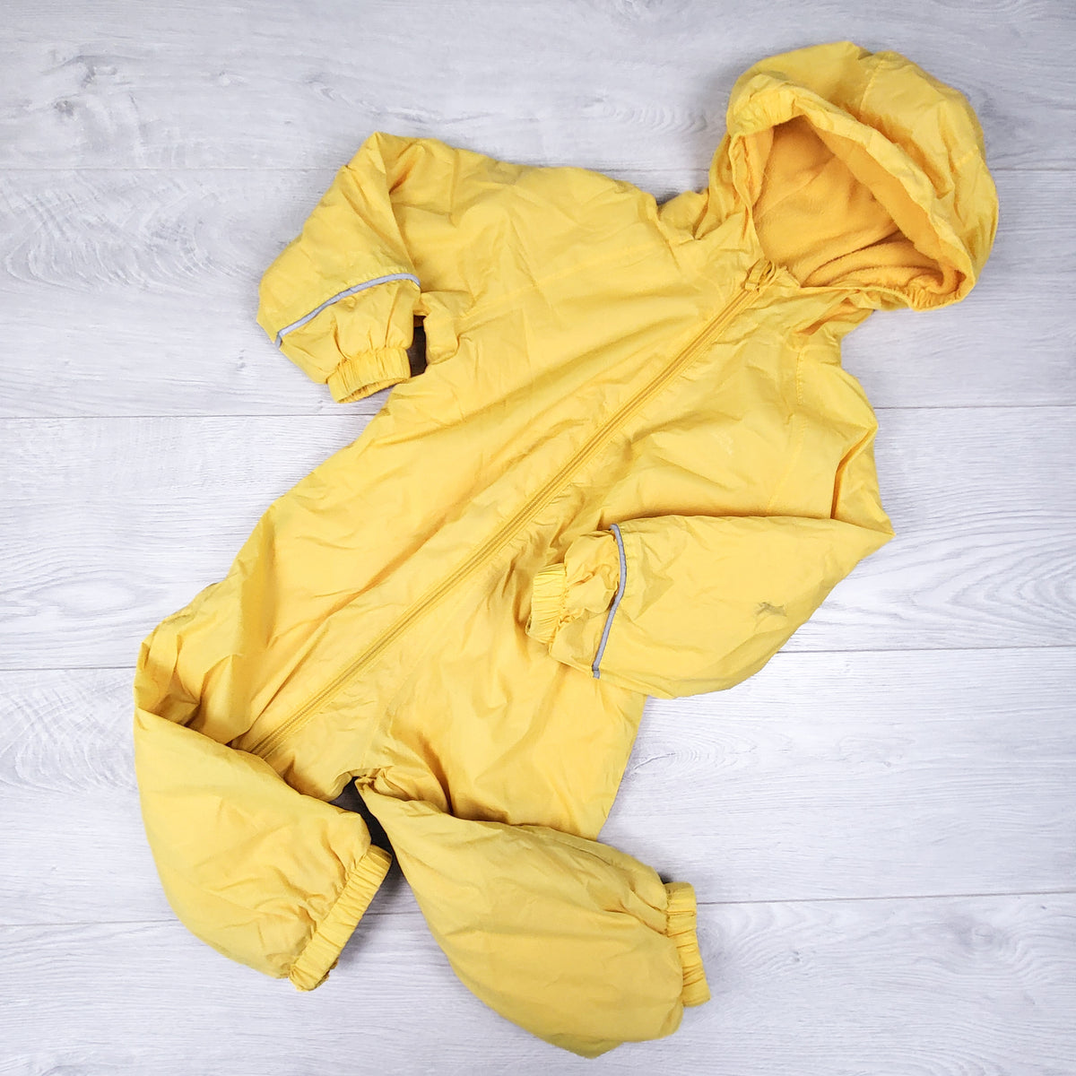 Mountain Warehouse yellow fleece lined one piece rain suit. Size 18-36 months - AS IS