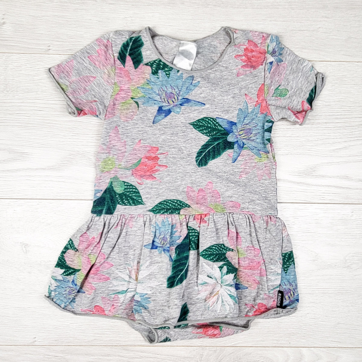 Bonds grey floral print bodysuit dress. Size 12-18 months