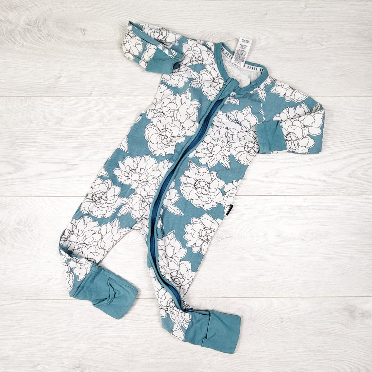 Bonds teal floral print zippered wondersuit sleeper. Size 6-12 months