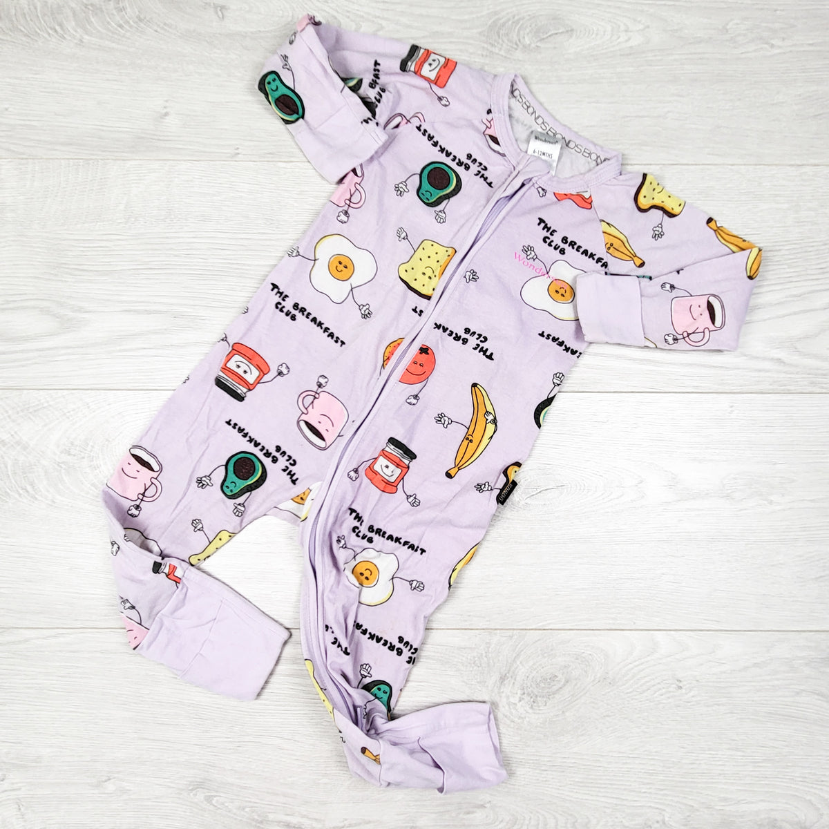 Bonds purple zippered "Breakfast Club" wondersuit sleeper. Size 6-12 months - AS IS