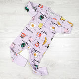 Bonds purple zippered "Breakfast Club" wondersuit sleeper. Size 6-12 months - AS IS
