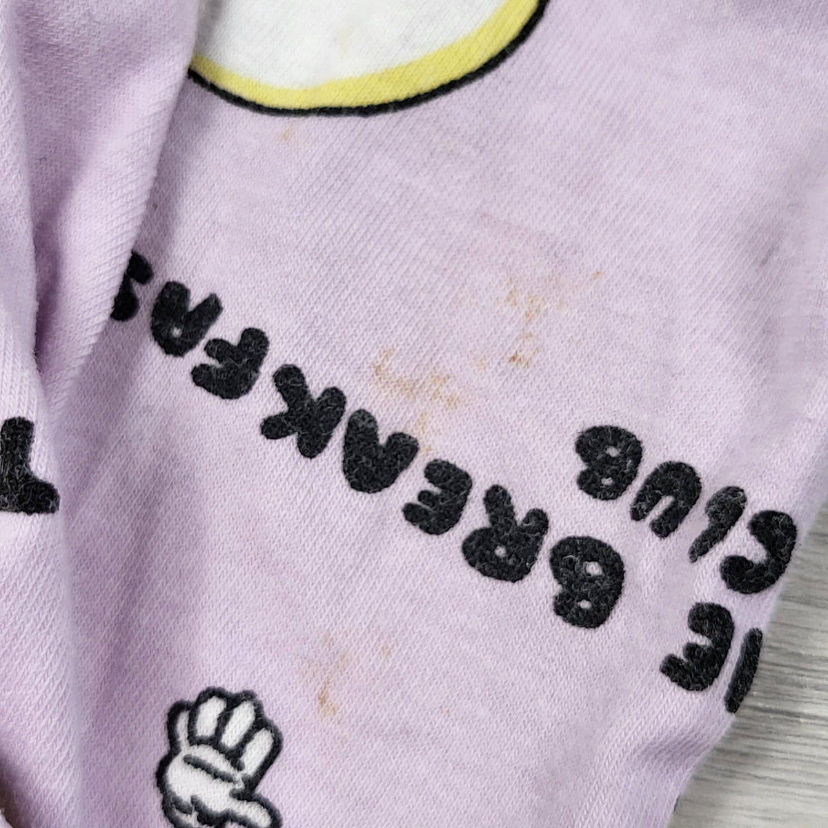 Bonds purple zippered "Breakfast Club" wondersuit sleeper. Size 6-12 months - AS IS