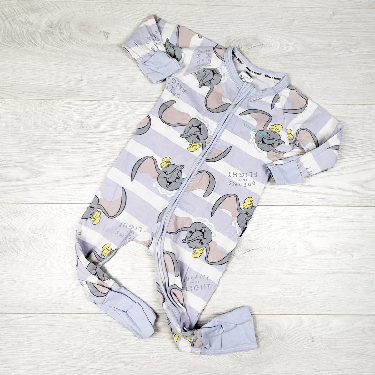 Bonds x Disney purple striped zippered Dumbo wondersuit sleeper. Size 6-12 months