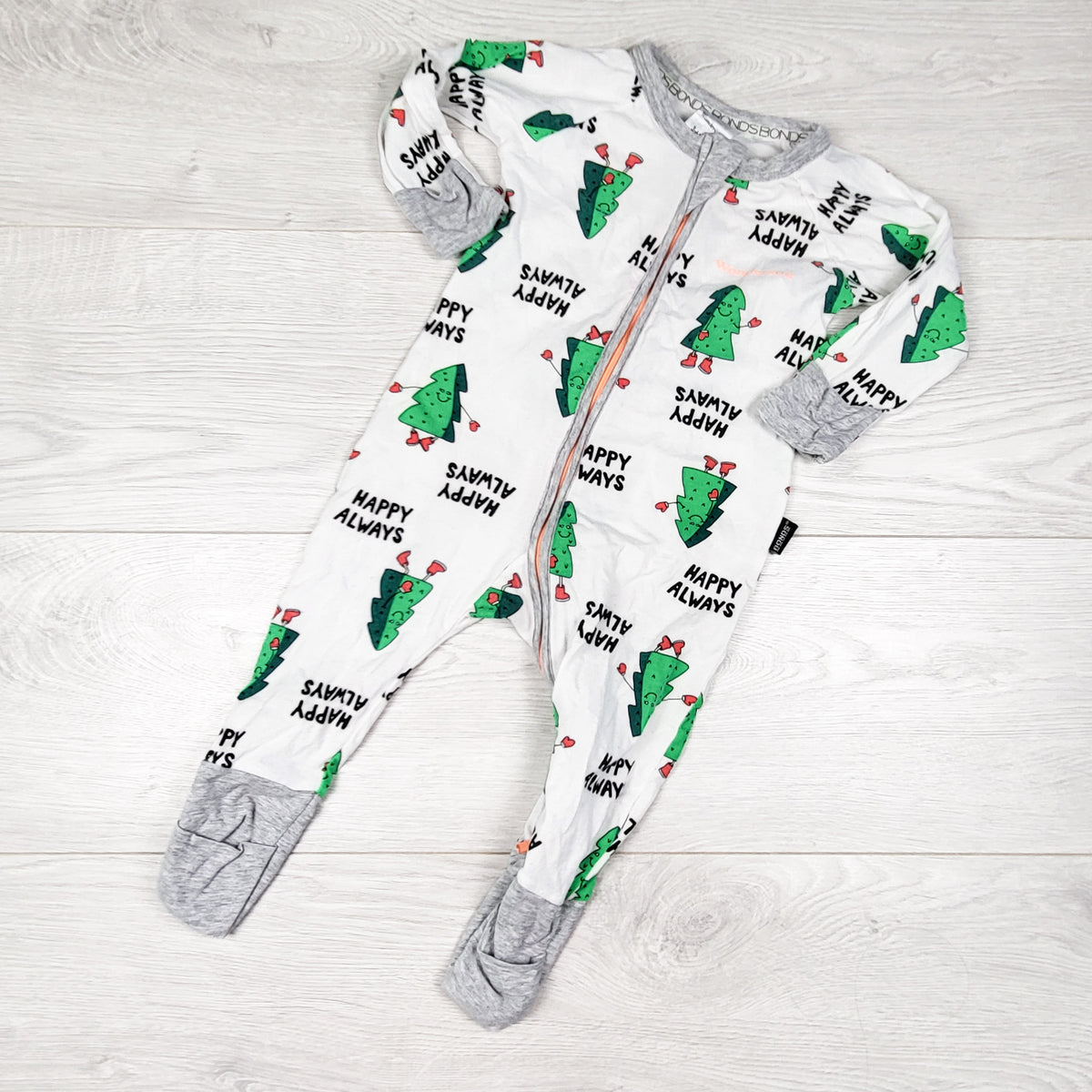 Bonds white "Always Happy" zippered wondersuit with trees. Size 3-6 months