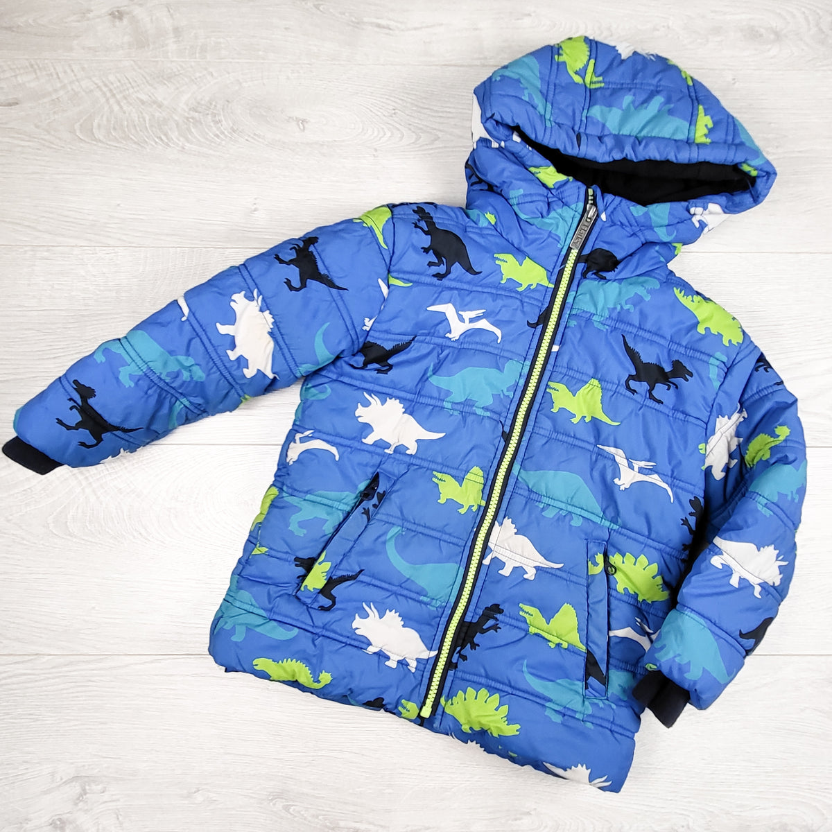 Hatley blue fleece lined dinosaur print puffer jacket. Size 5T - AS IS