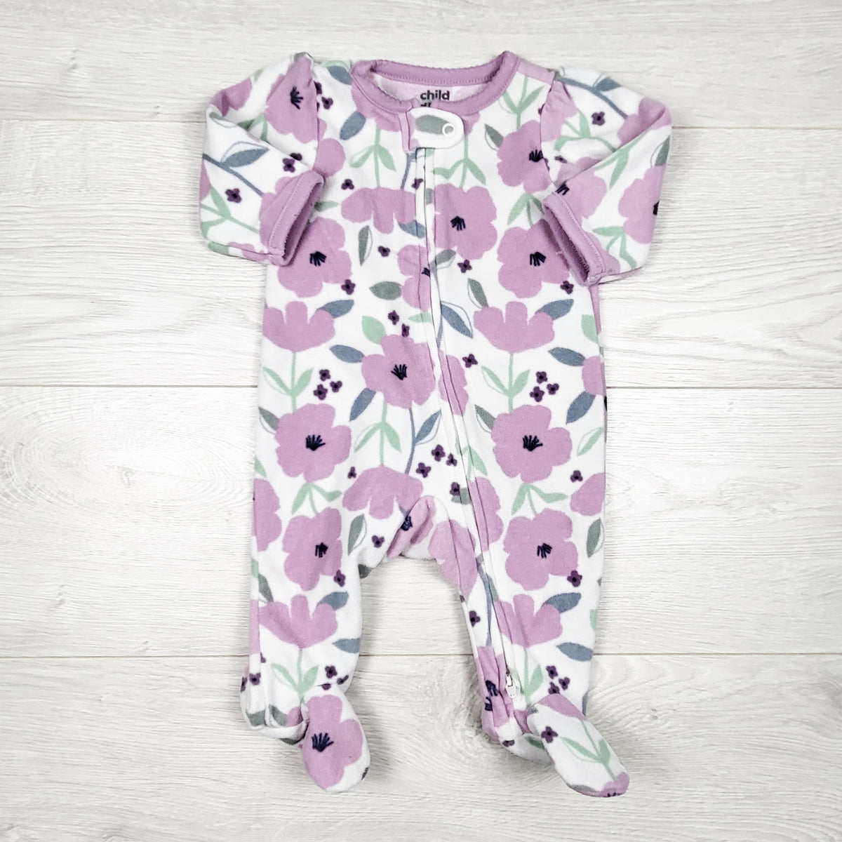 Child of Mine white and purple floral print zippered fleece sleeper. Size 0-3 months
