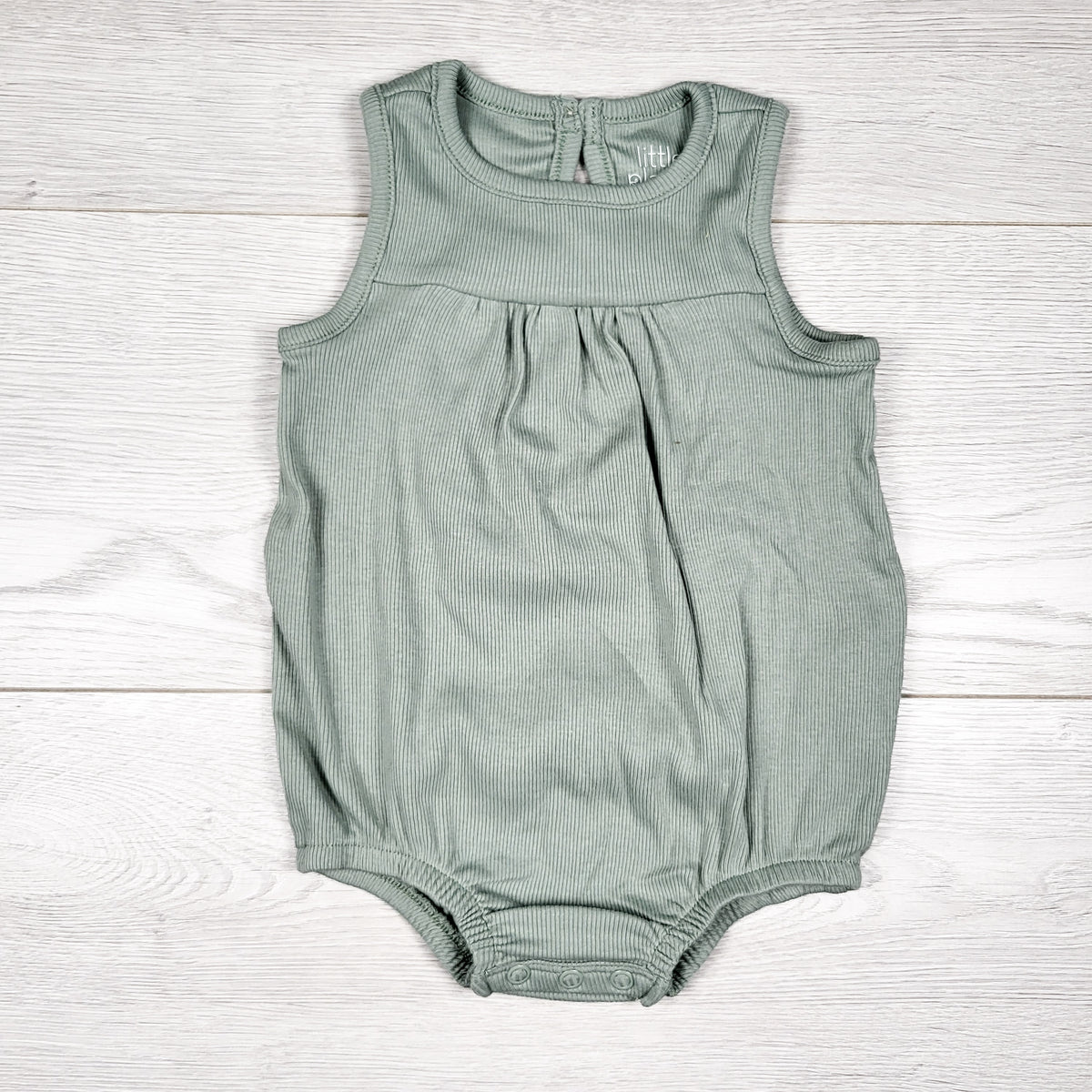 Little Planet sage green ribbed organic cotton bubble romper. Size 3 months