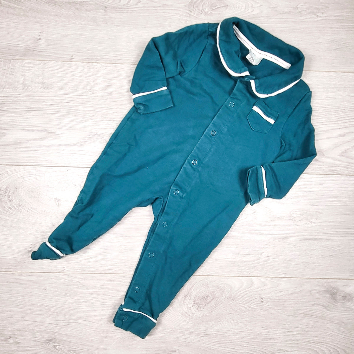 Indigo teal button down cotton sleeper. Size 6-12 months