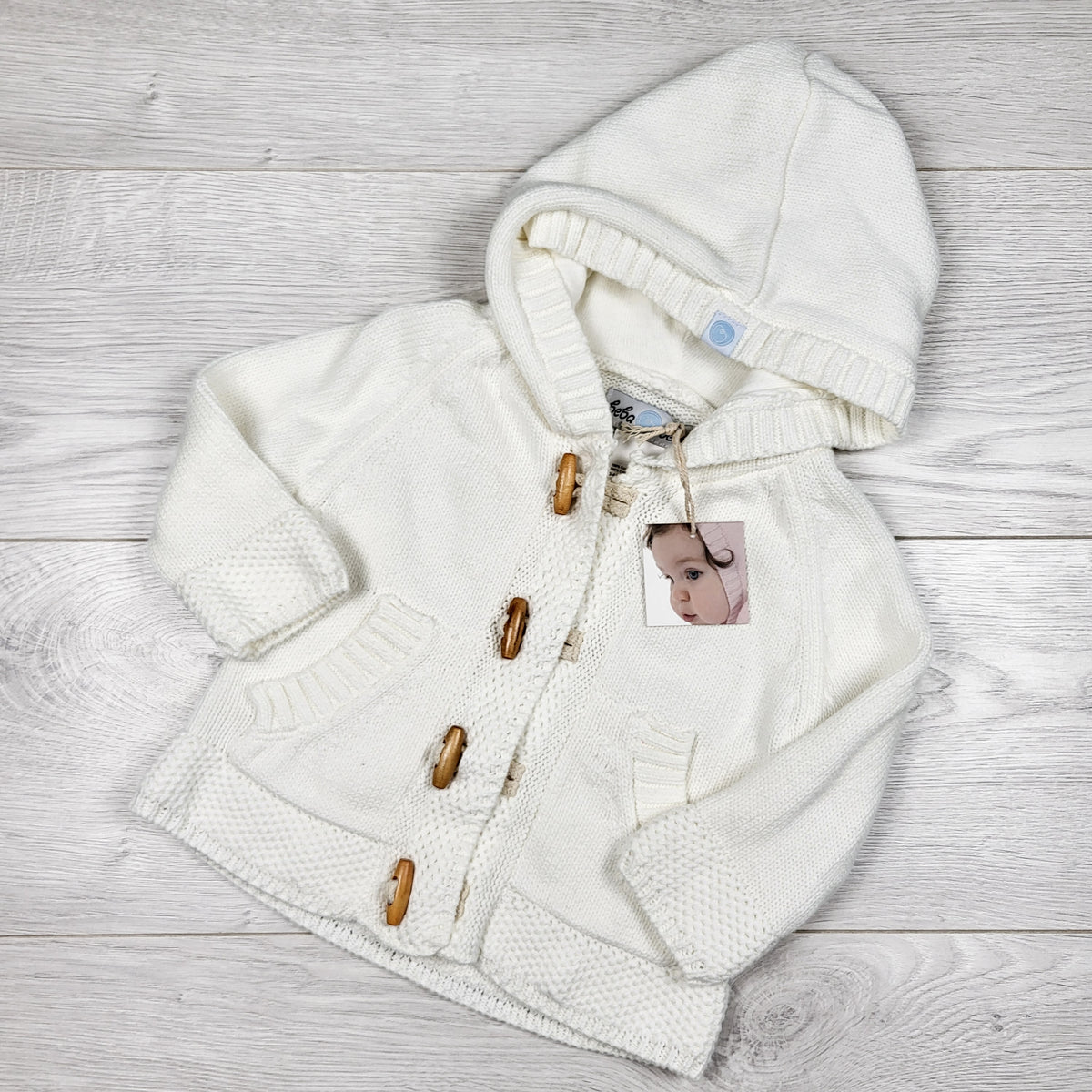 NEW - Beba Bean ivory knit hooded cotton sweater. Size 3-6 months