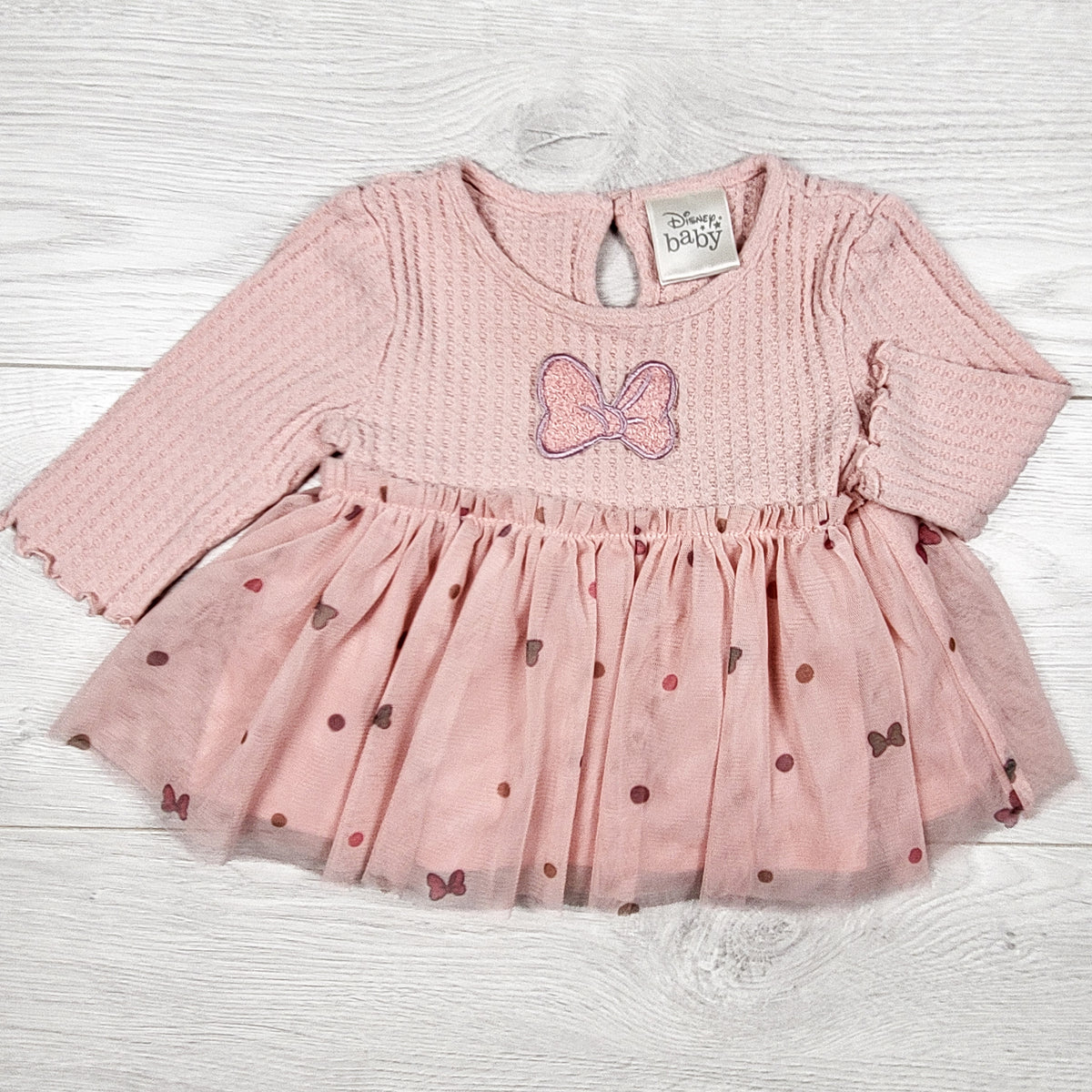 Disney Baby Minnie Mouse Long Sleeve Waffle Knit Tulle Dress. Size 3-6 months