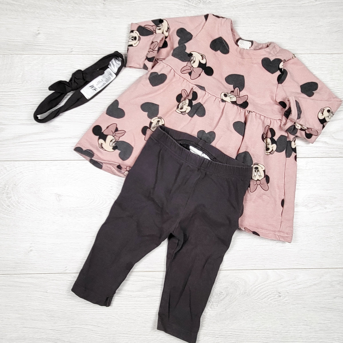 H and M x Disney pink and grey 3pc Minnie Mouse set. Size 4-6 months