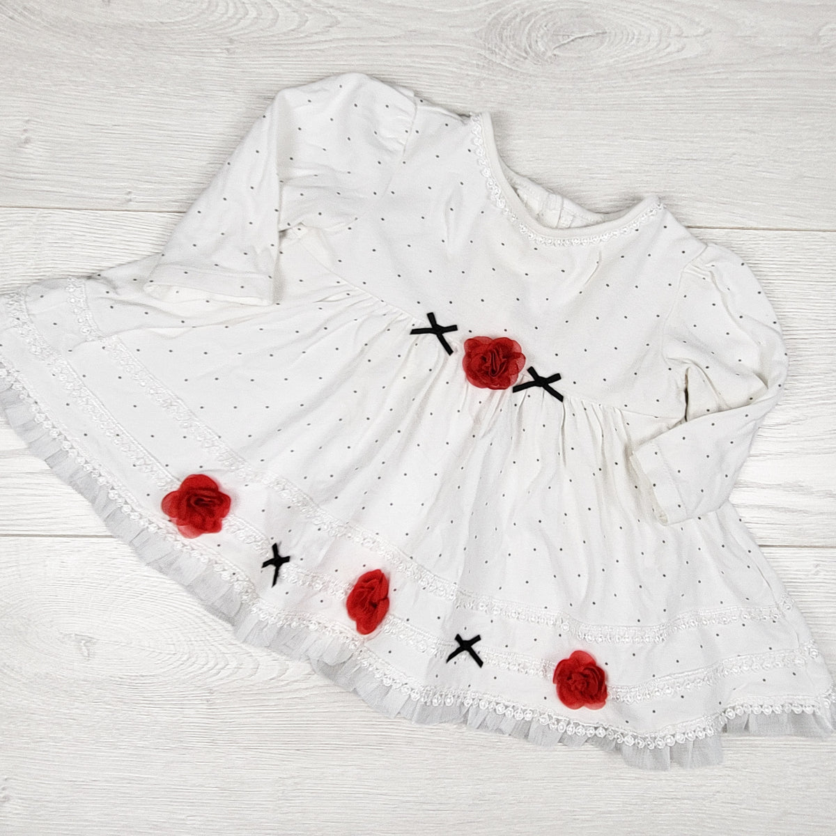 Little Me white polka dot dress with fabric flowers. Size 6 months