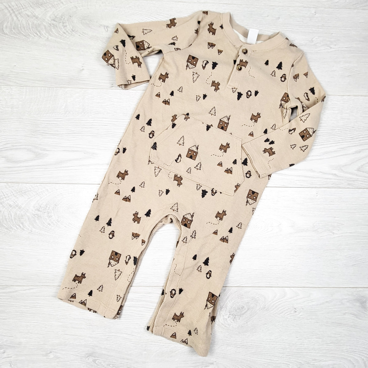 Joe light brown waffle knit winter print romper. Size 18-24 months