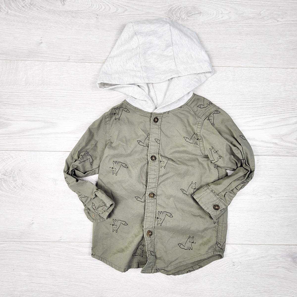 Carters green hooded button down twill shirt with foxes. Size 18 months
