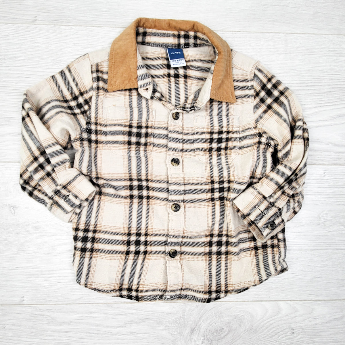 Old Navy plaid flannel button down shirt. Size 12-18 months