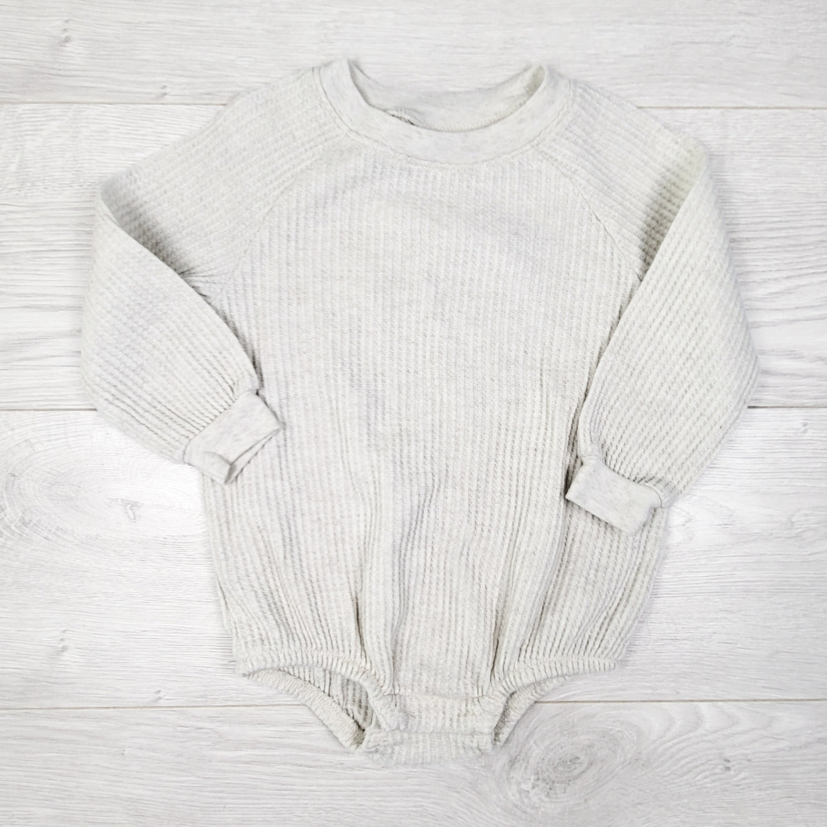 Old Navy light grey waffle knit sweatshirt bubble romper. Size 18-24 months