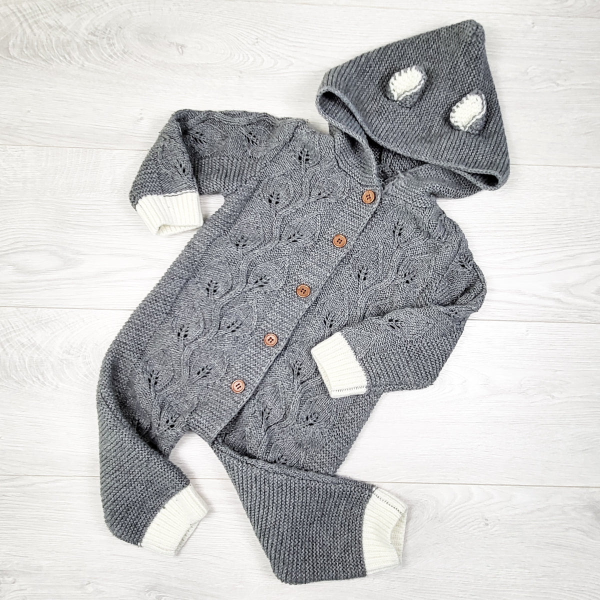 Unbranded grey hooded sweater romper. Size 24 months